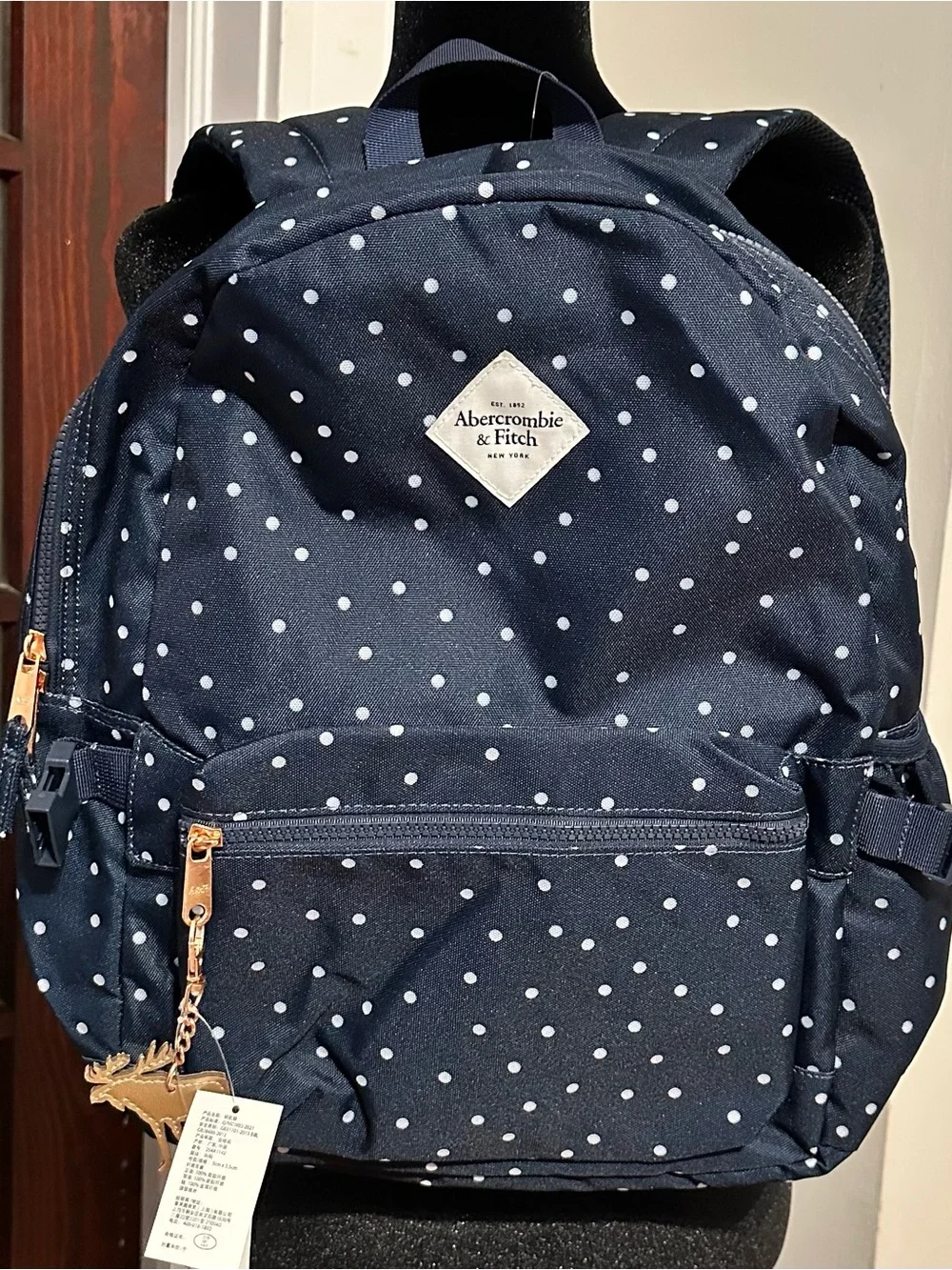 Abercrombie & Fitch Navy Blue Polka Dot Classic Backpack w/Goldtone Moose Charm